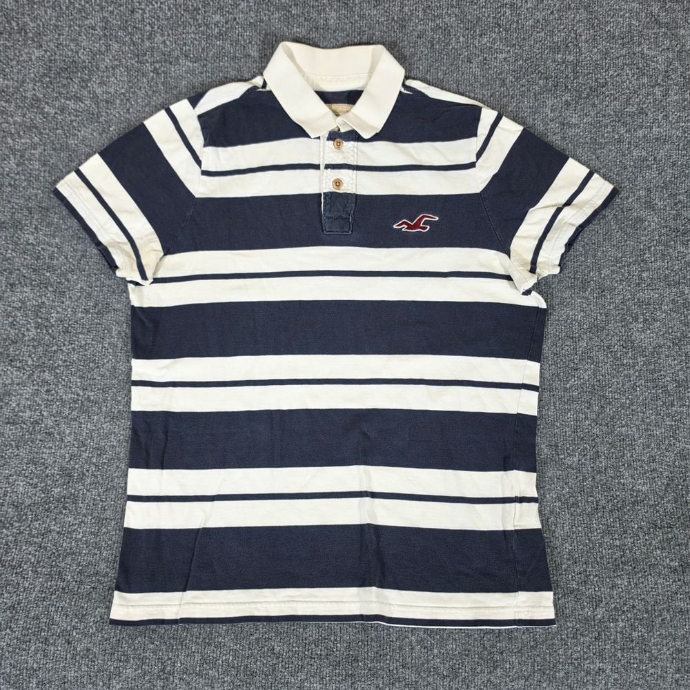 Y2K 2000s Hollister Mens XL Polo Shirt Navy Blue Striped Short Sleeve Runs Small